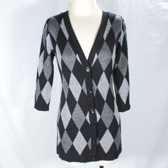 Y2K 2000s Harlequin Patterned Black Gray Hue Button Cardigan Lorelei Gilmore - Picture 2 of 7